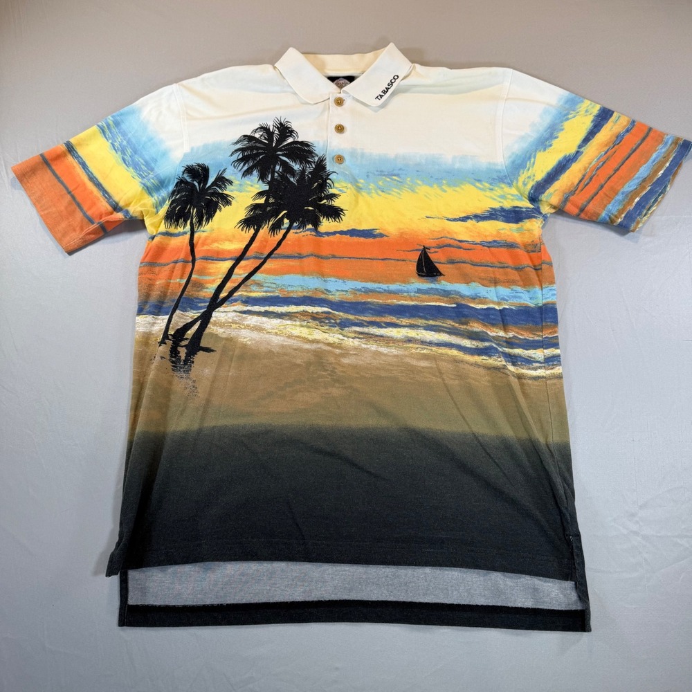 Tabasco Mens M Polo Shirt Vintage Tropical Beach Sunset Palm Tree Golf